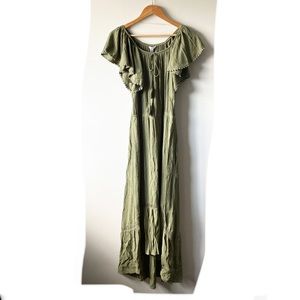Green Ruffle Boho Maxi Dress Medium with Short Flutter Sleeves